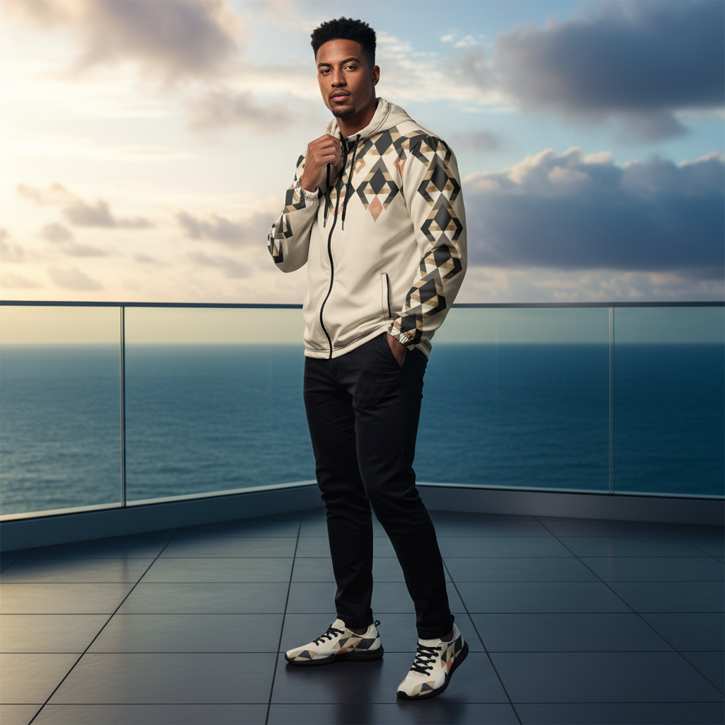 Handsome man in geometric windbreaker with black trousers - GQ magazine style