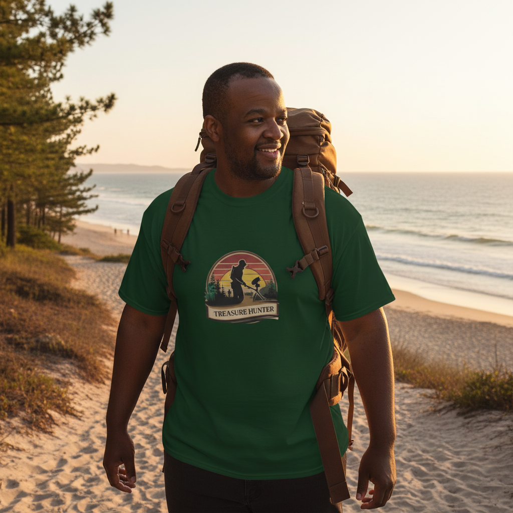 Forest green unisex t-shirt with Treasure Hunter vintage design - adventure hunter apparel for metal detecting hobbyists and outdoor enthusiasts