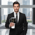Handsome sophisticated man in black suit holding white Black Panther travel mug in luxury setting