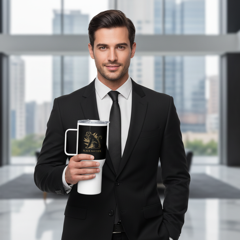 Handsome sophisticated man in black suit holding white Black Panther travel mug in luxury setting