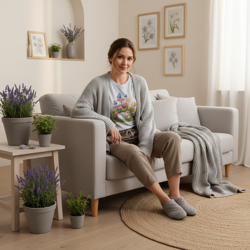 Happy woman in ash grey monochrome outfit with spring sheep tee in neutral-toned living room with lavender flowers