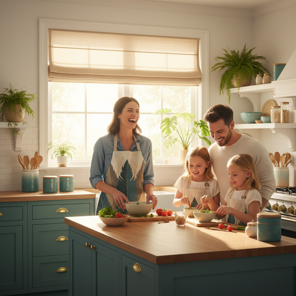 Happy woman laughing in botanical apron in coastal kitchen with teal and beige styling