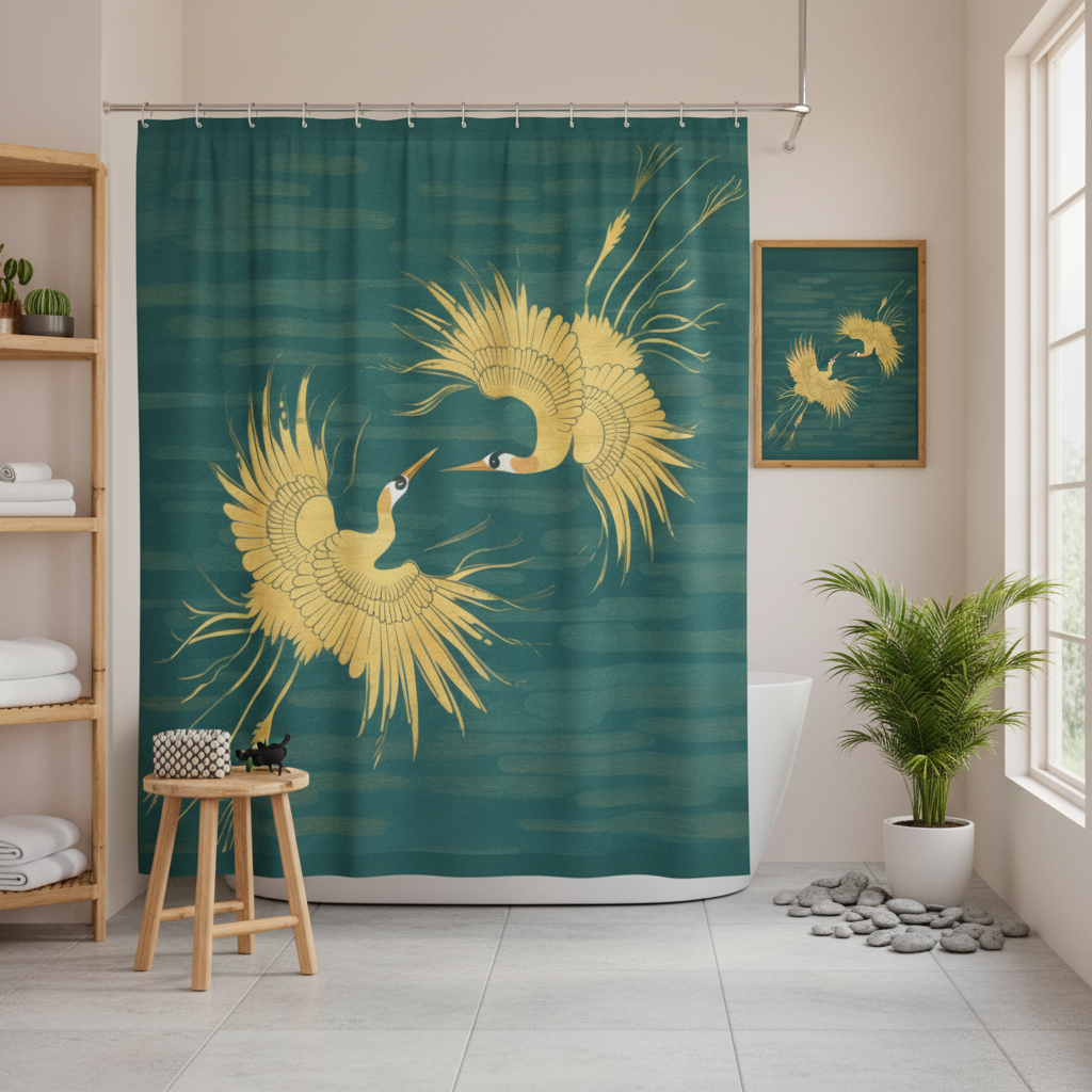 Harmonious Japanese-inspired bathroom with teal gold crane shower curtain bamboo and crane artwork