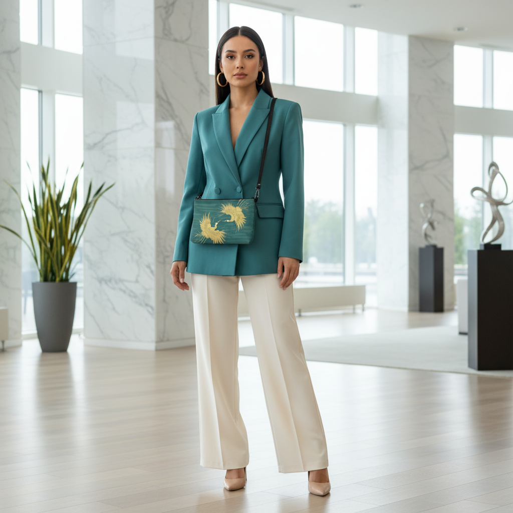 Hispanic woman in teal blazer with matching crane crossbody bag gold jewelry professional style