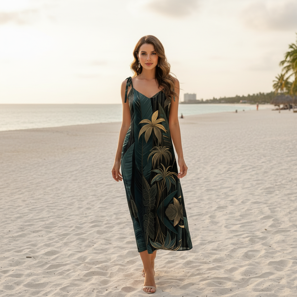Hispanic woman with long dark hair in emerald green and gold tropical midi slip dress on beach at sunset