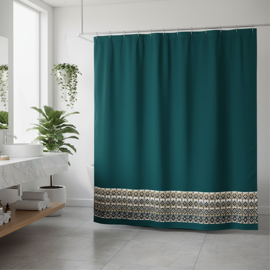 Dark Green Geometric Shower Curtain Lifestyle