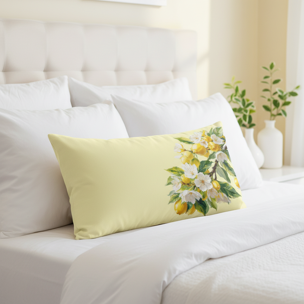 Intimate bedroom shot featuring lemon blossom pillow with watercolor citrus design