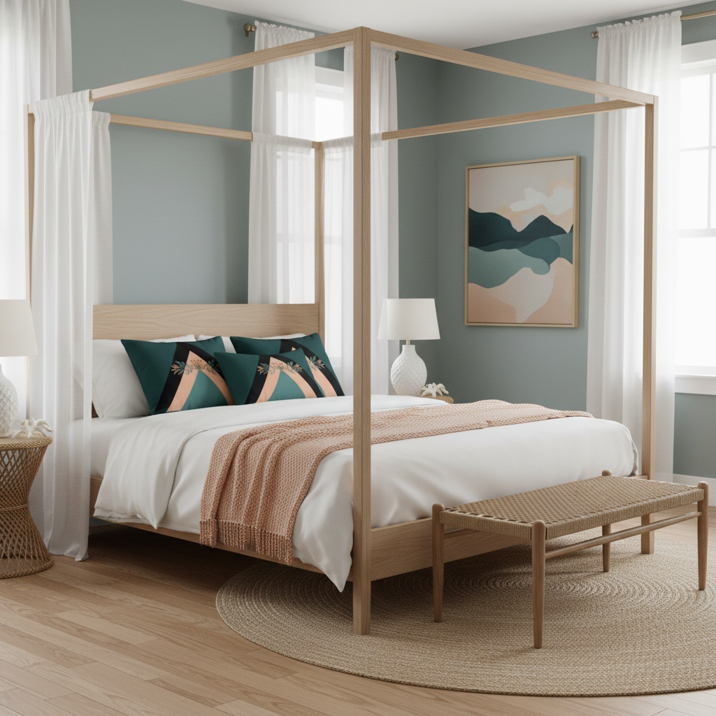 Inviting coastal bedroom with peach throw and dark teal geometric pillows