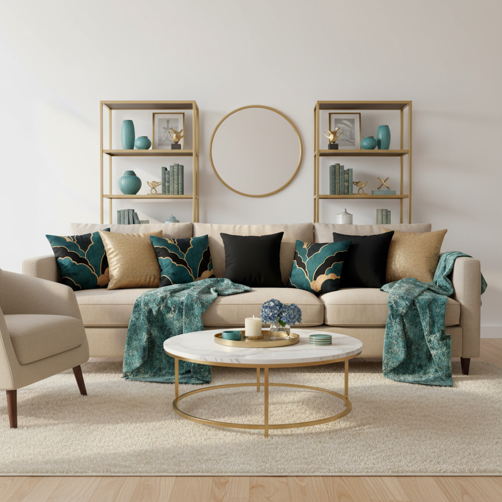 Inviting coastal luxury living room with geometric pillows, plush throws and brass shelving