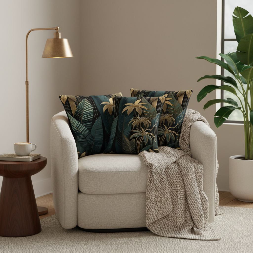 Inviting reading nook with emerald green and gold art deco leaf pattern accent pillows on armchair