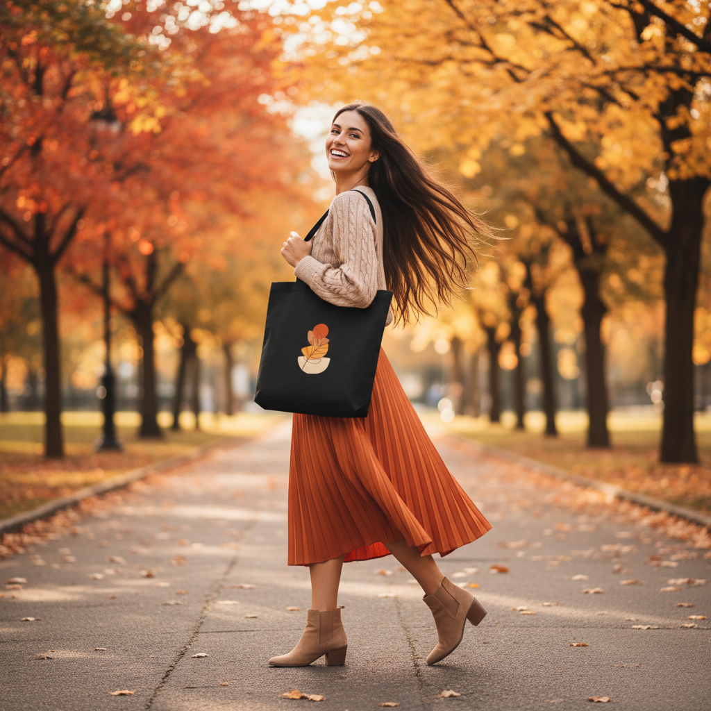 Joyful dark hair woman beige sweater orange midi skirt tan boots black autumn tote bag walking city park fall foliage happy