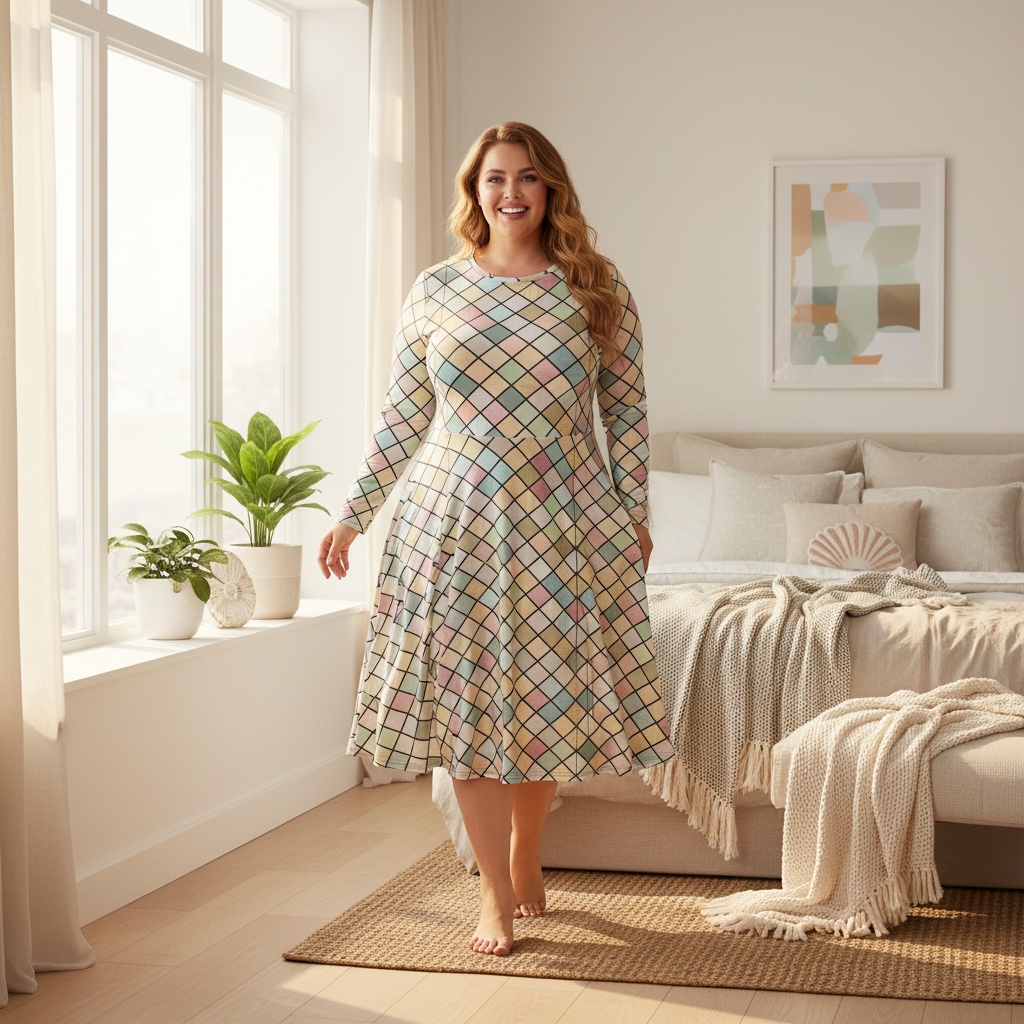 Joyful empowered plus-size woman in geometric dress near window in cozy bedroom