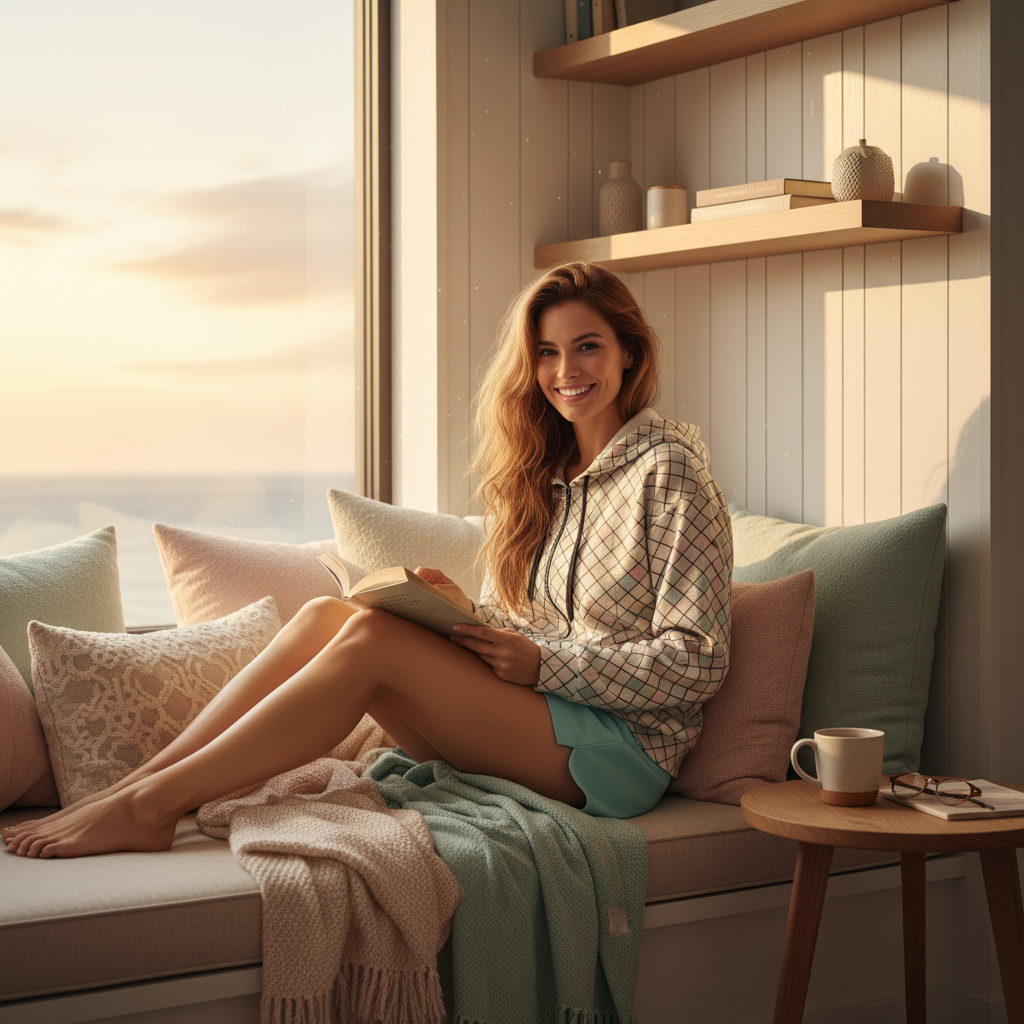 Joyful woman in patterned zip hoodie with mint blue shorts relaxing in cozy reading nook