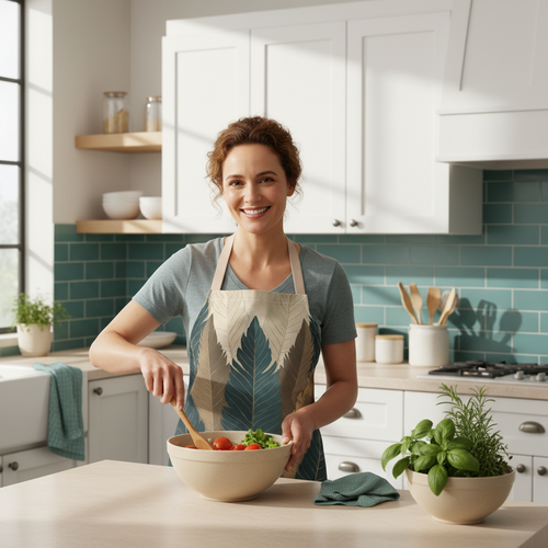 Joyful woman preparing meal in botanical apron with coordinated teal and beige decor