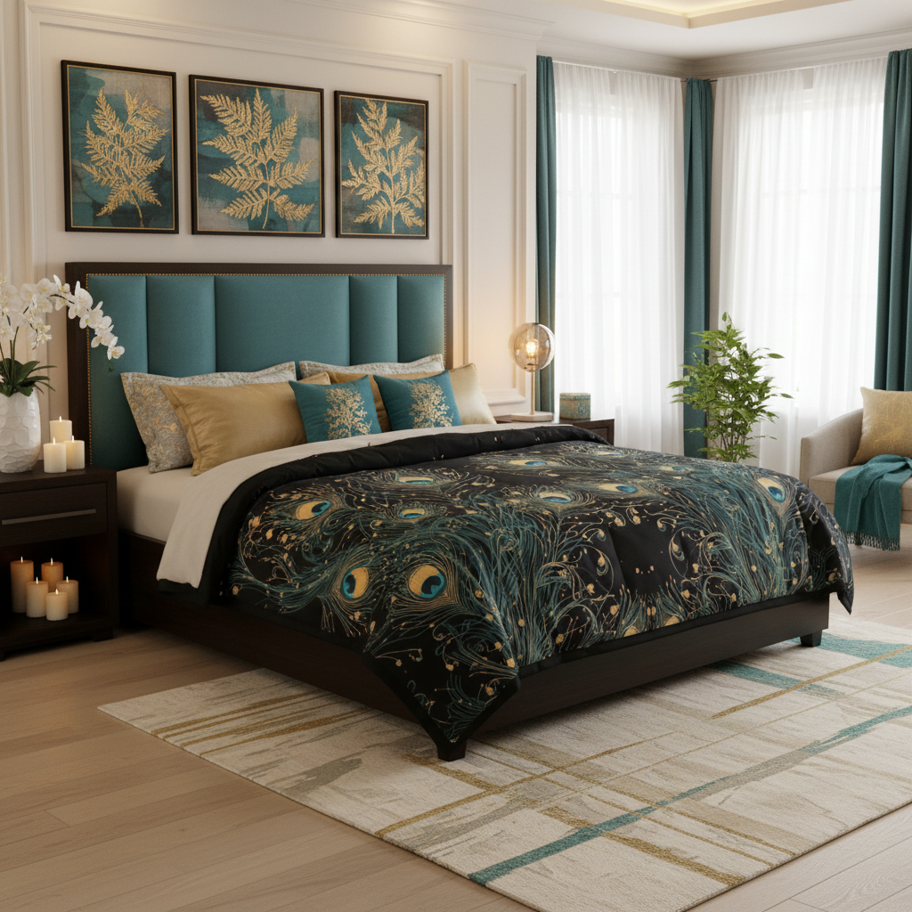 King bedroom with peacock comforter