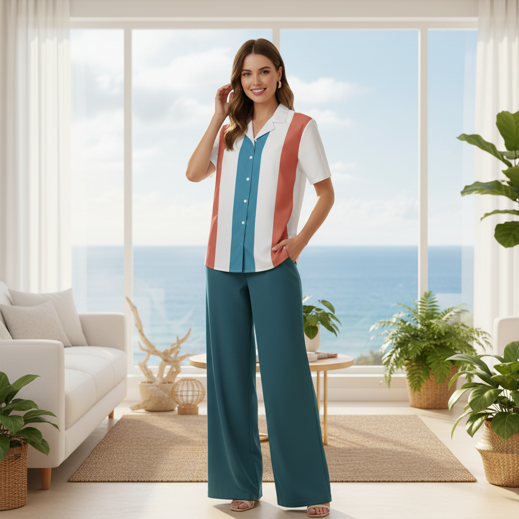 Košile s tmavě tyrkysovými wide-leg kalhotami v coastal obývacím pokoji