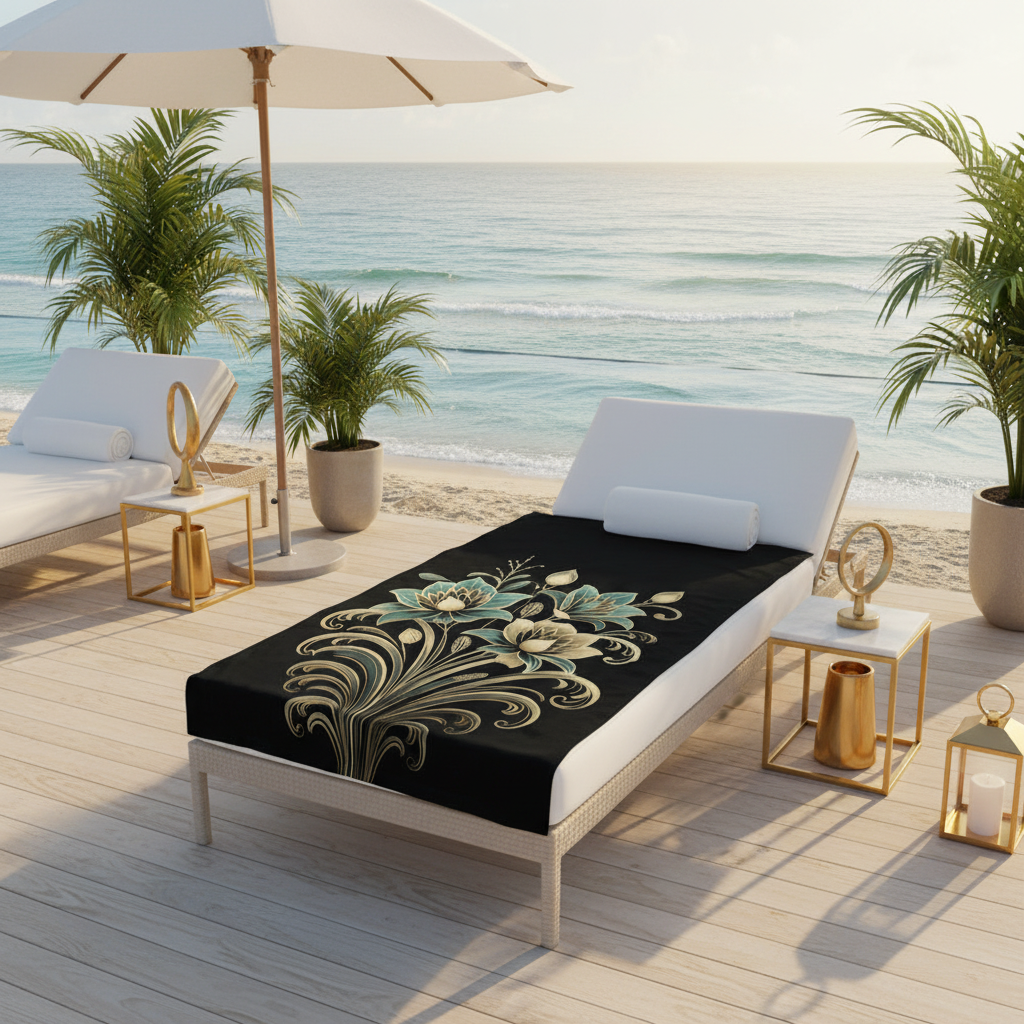 Large sage green and gold botanical towel on white cushioned lounge chair with full pattern visible, turquoise ocean, palm plants, sophisticated coastal resort