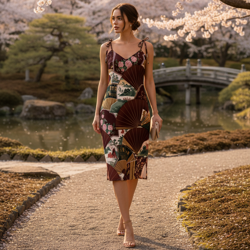 Chinese Fans Tie-strap midi dress - Zen garden lifestyle photography with Asian elegance and minimalist aesthetic
