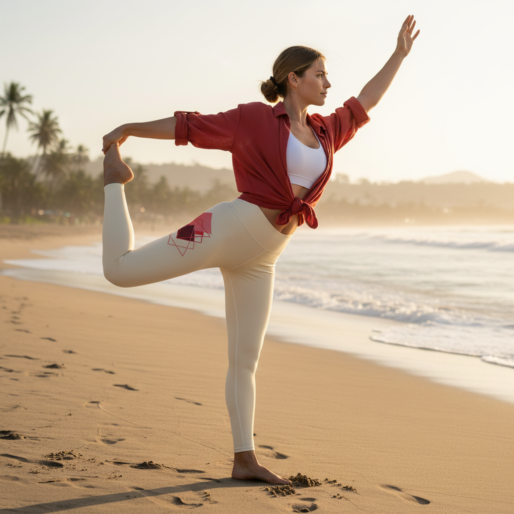 Woman in yoga pose on beach wearing Red Squares Yoga Leggings with geometric pattern and red tied shirt at sunset
