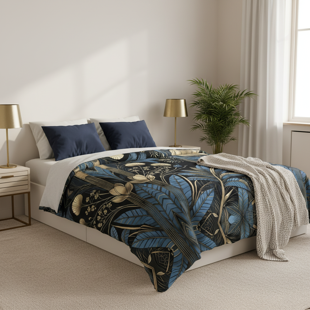 Light airy bedroom with Art Deco comforter and Scandinavian style