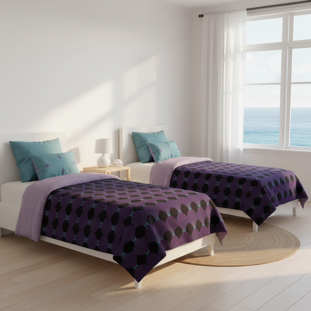 Light and airy coastal twin bedroom with fan pattern duvet