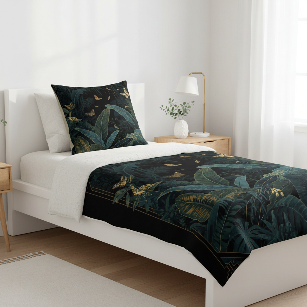 Light twin bedroom with midnight botanical comforter