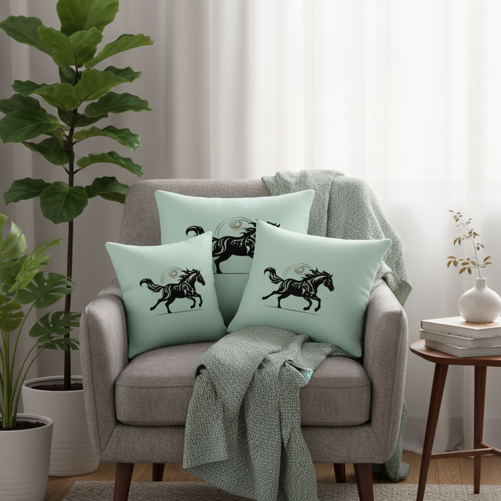 Multiple Wild Horse pillows in elegant living room corner - Premium mint green home accents with black horse silhouette