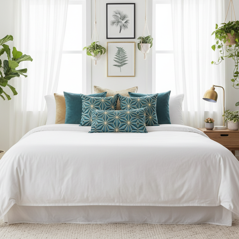 Ložnice plná rostlin s teal polštáři