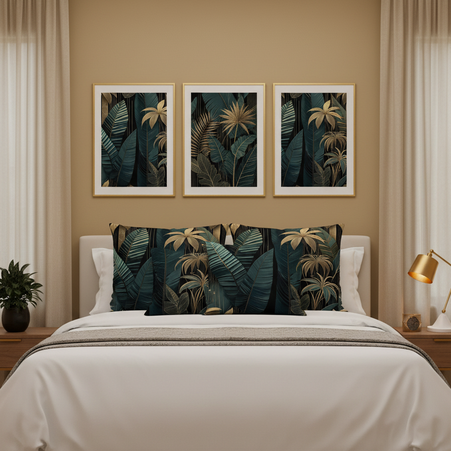 Modern bedroom neutral natural tones  with dark green and gold accents. Dark wall art jungle theme. luxury design 