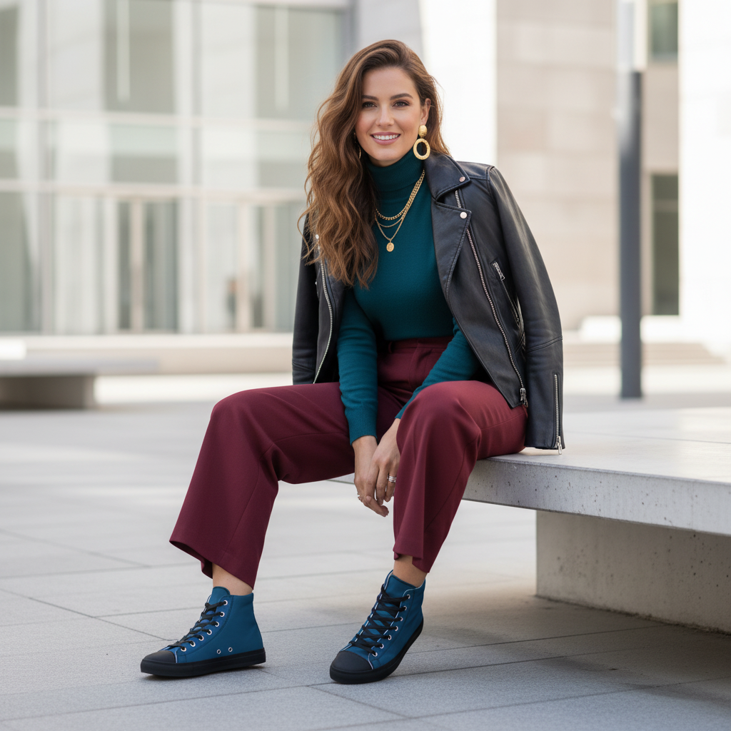 Long-haired woman in burgundy trousers teal turtleneck and black jacket with teal high-tops