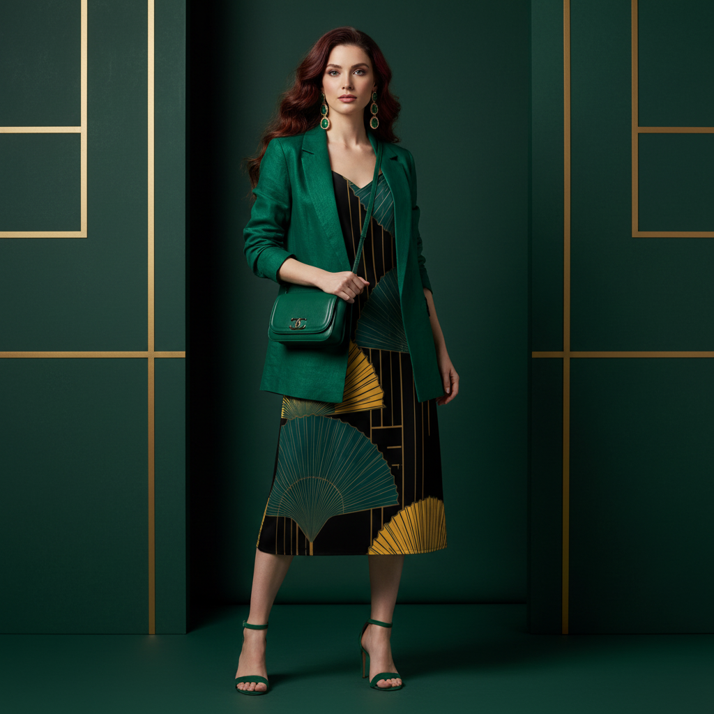 Long-haired woman in fan patterned dress with emerald blazer and green accessories