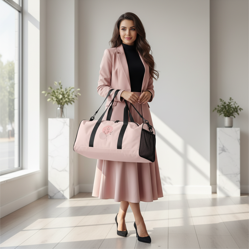 Long-haired woman in soft pink midi skirt and black turtleneck carrying botanical duffle bag