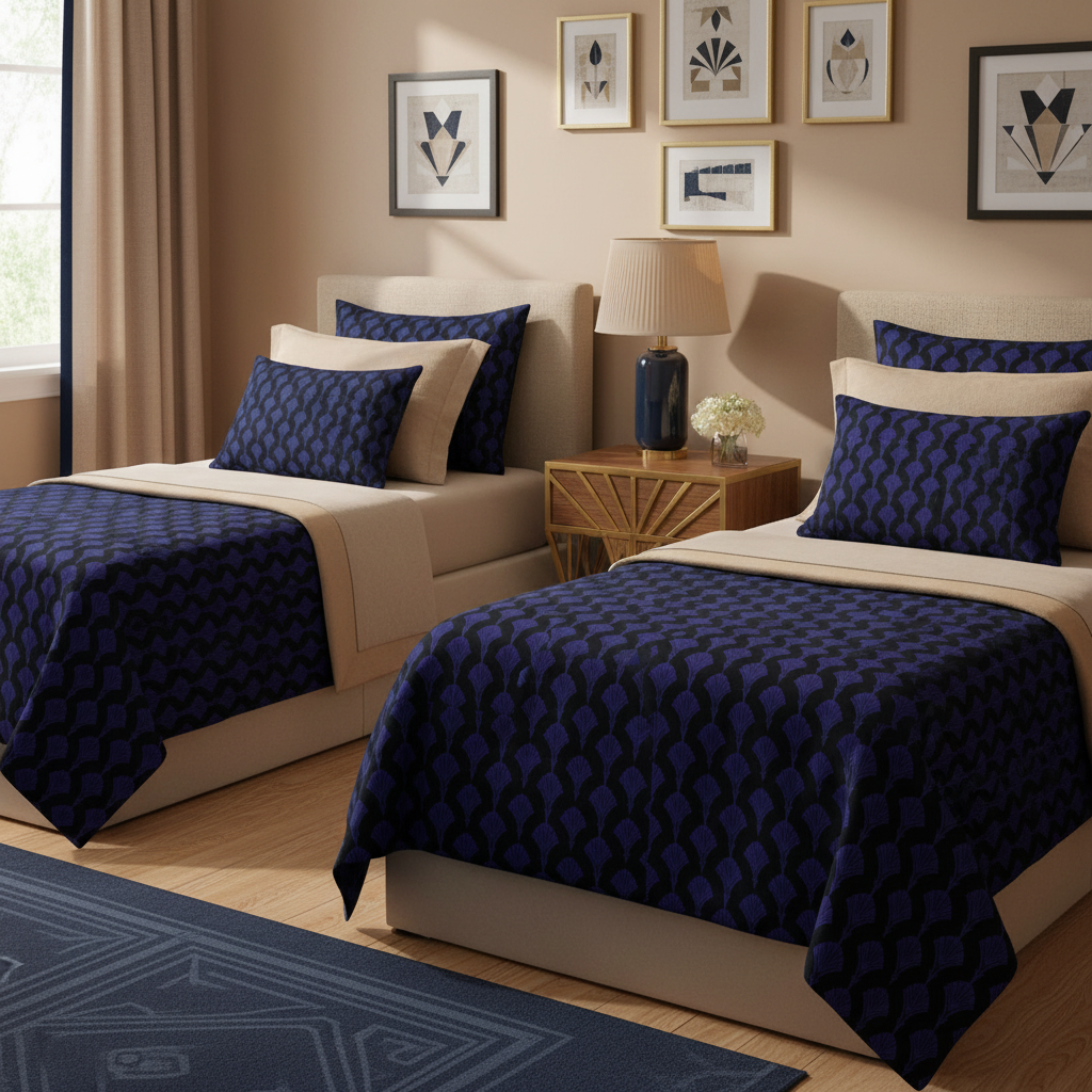Lovely cozy warm sunny twin bedroom with Art Deco bedding, beige linens and navy blue decor