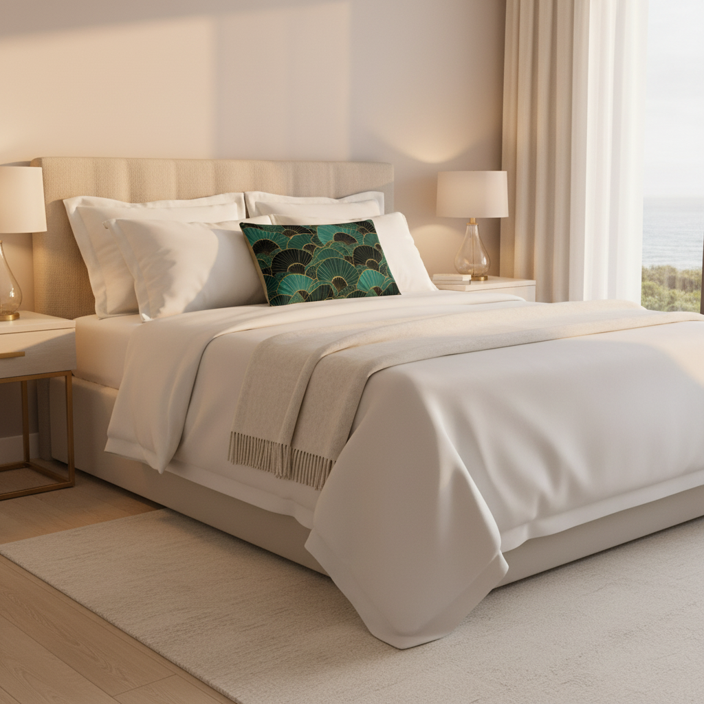 Lumbar pillow on bedroom bedding