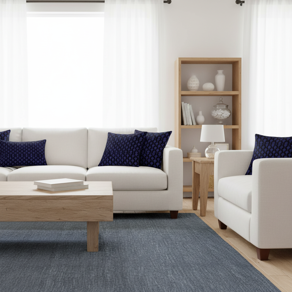 Luminous sunny living room with Art Deco pillows in deep blue and black, white walls, wood table