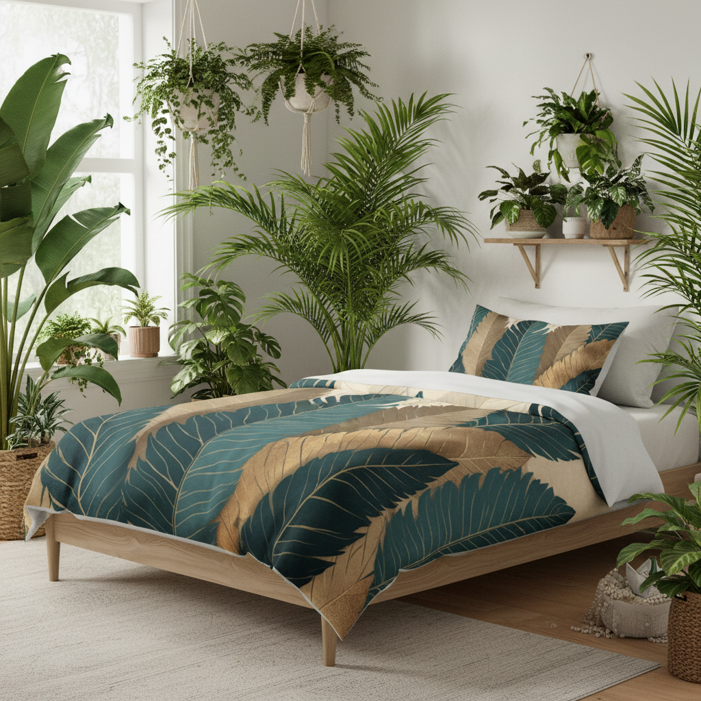 Lush botanical bedroom with tropical plants and twin XL bed with leaf duvet