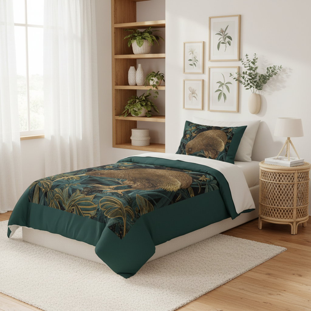 Luxurious Australian coastal bedroom with kiwi bird botanical comforter, gallery wall, and curated decor