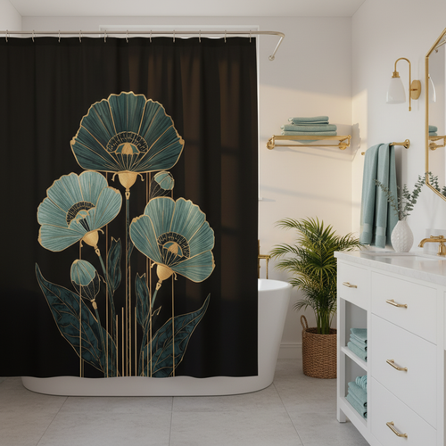 Luxurious bathroom with black teal and gold floral shower curtain at golden hour
