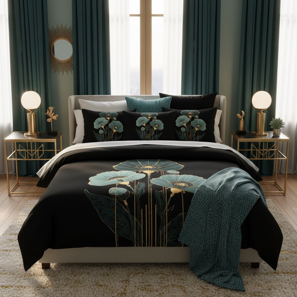 Luxurious bedroom from overhead angle with black teal gold botanical comforter design