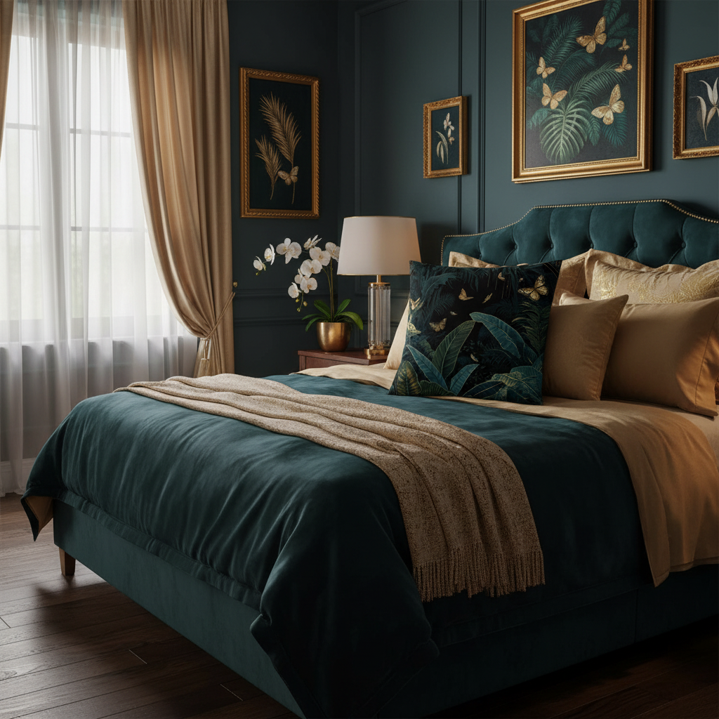 Luxurious bedroom with midnight butterflies pillow