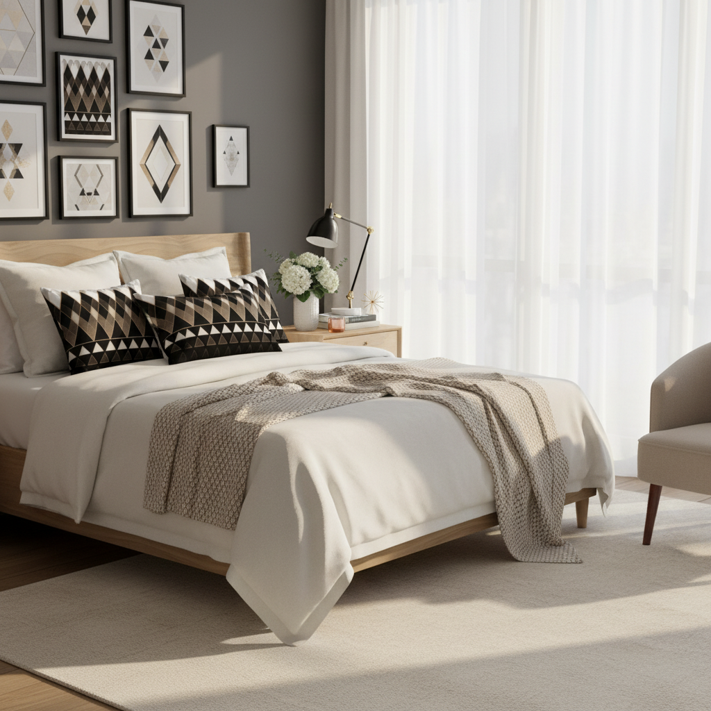 Luxurious bedroom with tribal art