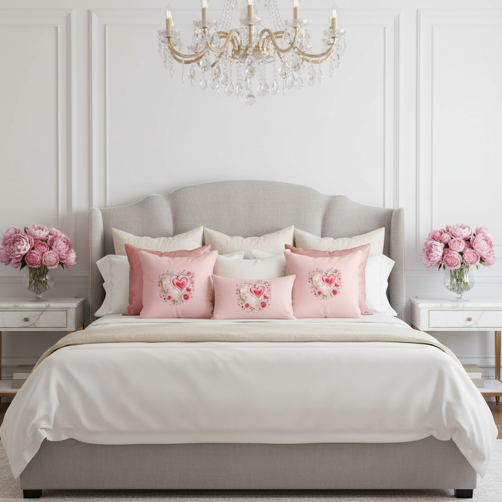 Luxurious bedroom with velvet headboard, pink heart floral pillows with silk accents, crystal chandelier and fresh peonies