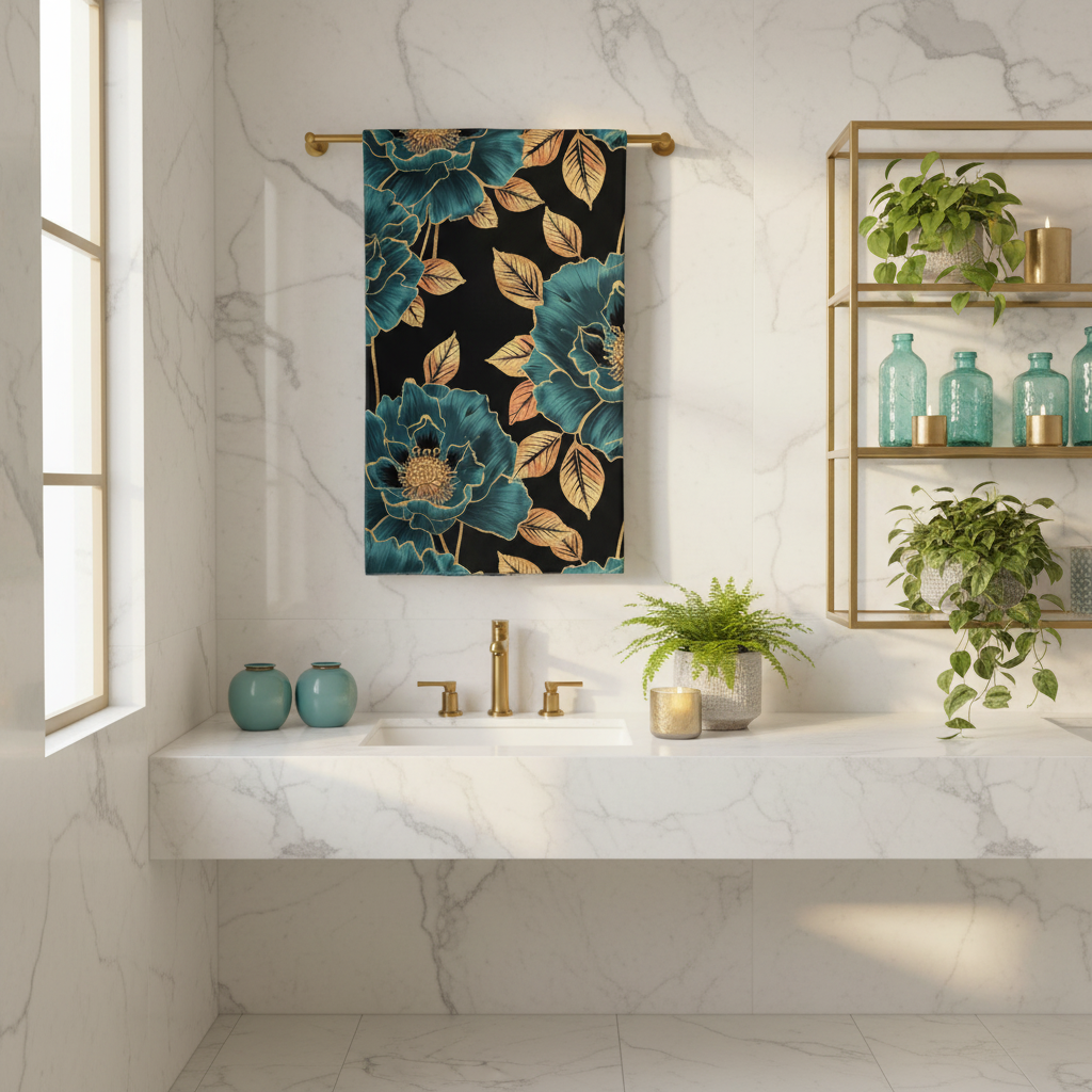 Luxurious bright cozy bathroom with teal and gold floral towel hanging on gold rack with marble walls