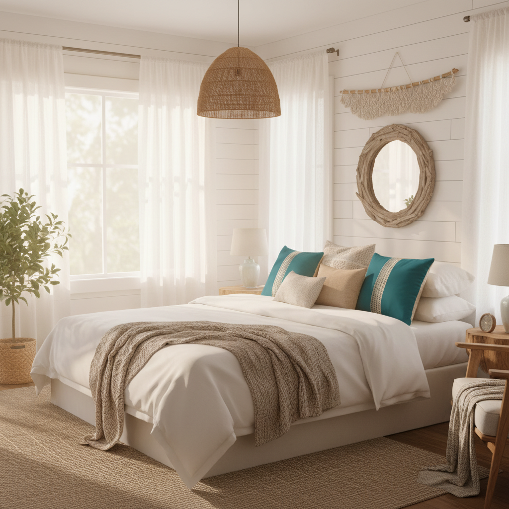 Luxurious coastal bedroom with layered decor