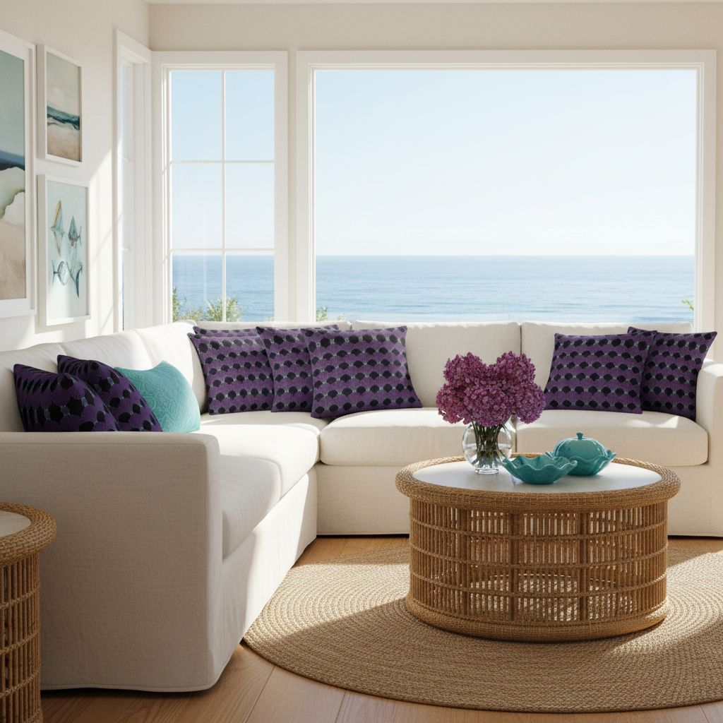 Luxurious coastal living room with art deco pillows and coastal decor