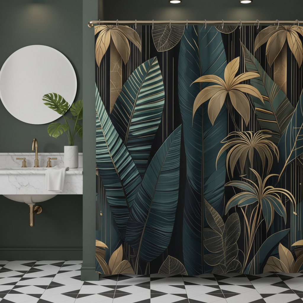 Luxurious contemporary bathroom featuring dark emerald and gold jungle pattern shower curtain