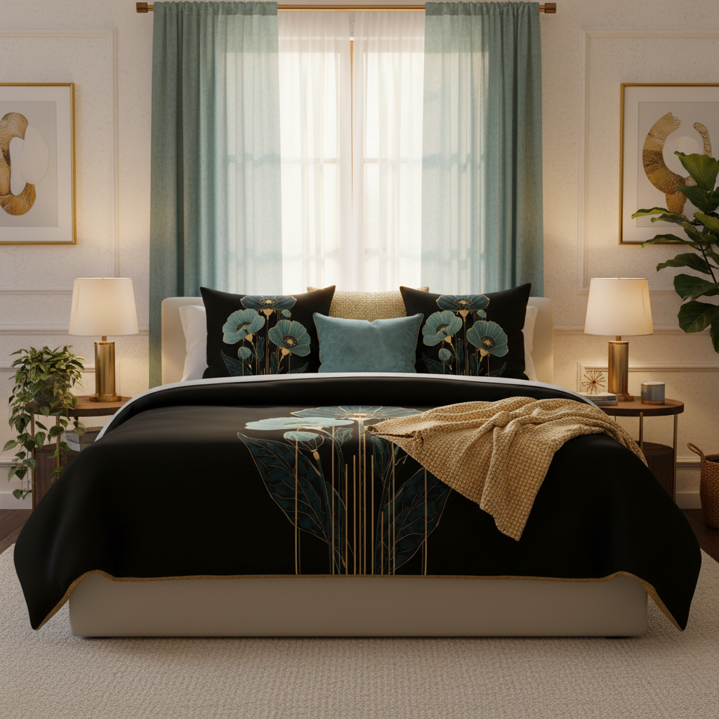 Luxurious cozy bedroom with black teal gold botanical comforter and pillows
