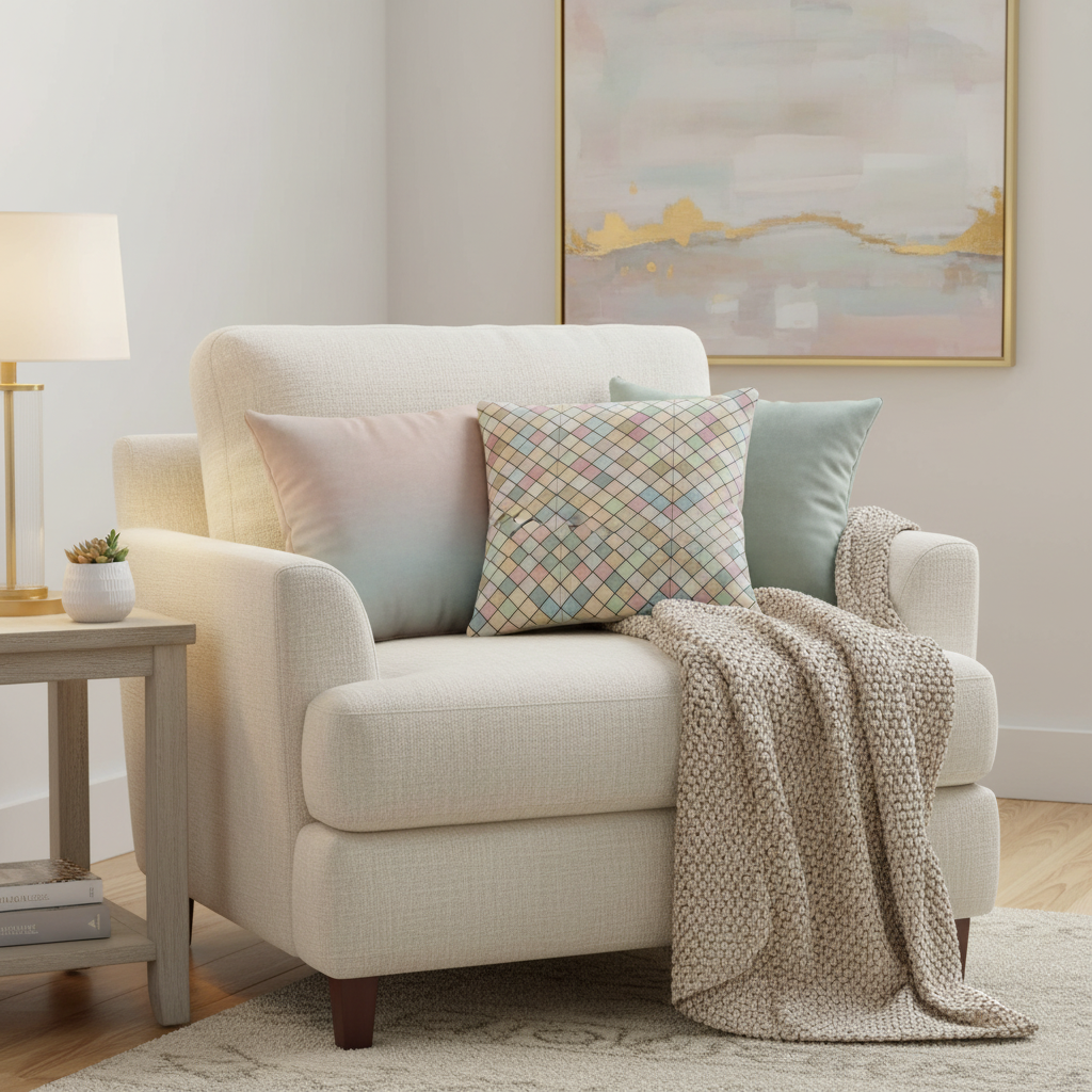 Luxurious cozy living room corner with colorful squares throw pillows on elegant armchair