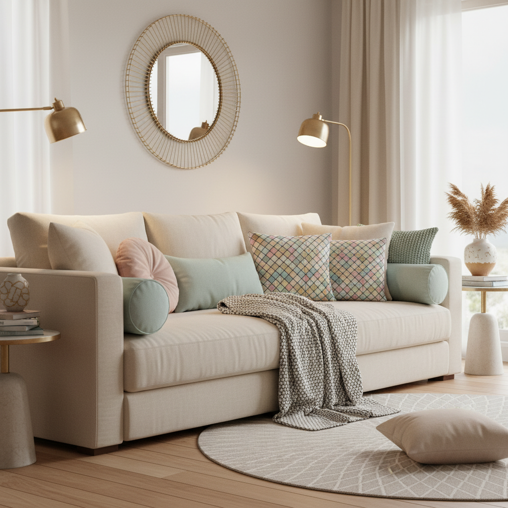 Luxurious cozy living room with colorful squares pattern throw pillows on plush sofa