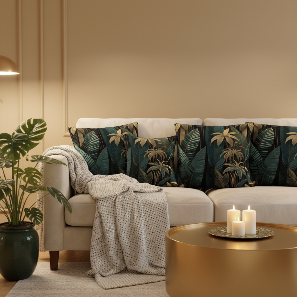 Luxurious cozy living room with emerald green and gold tropical leaf throw pillows on cream velvet sofa
